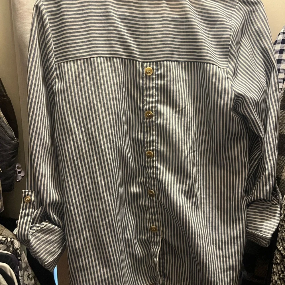 E & M Navy Striped Button-Front and Back Blouse - Picture 6 of 9
